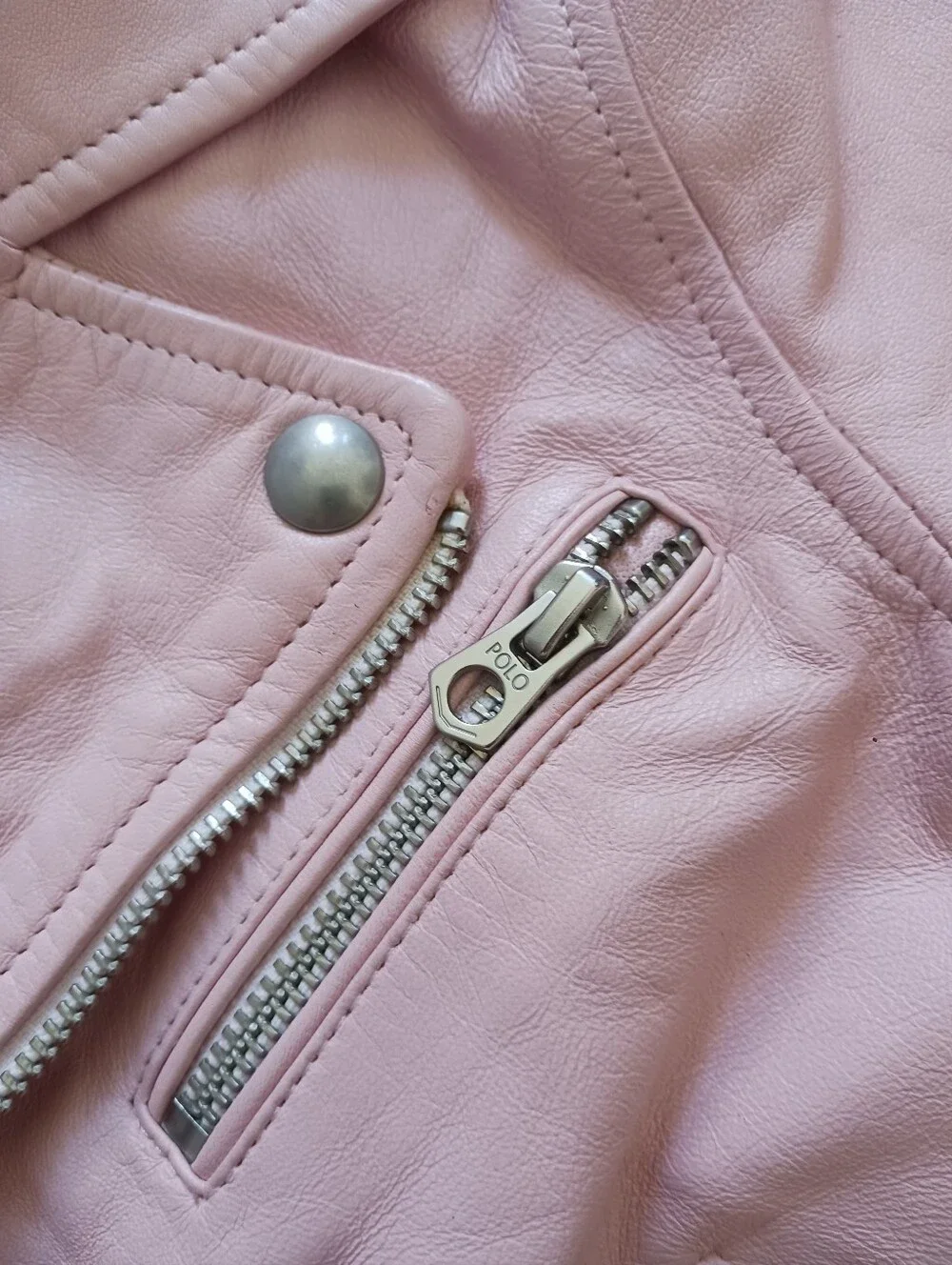 Girls Polo Ralph Lauren Lamb Leather Powder Pink Moto Zip-Up Jacket Size 10-12